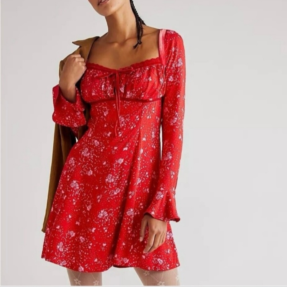 Free People Red Bell Sleeve Square Neck Mini Dress